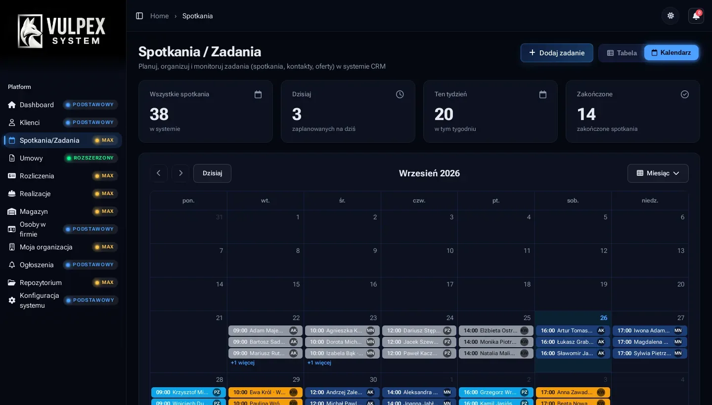 Kalendarz spotkań handlowców w demo CRM MAX