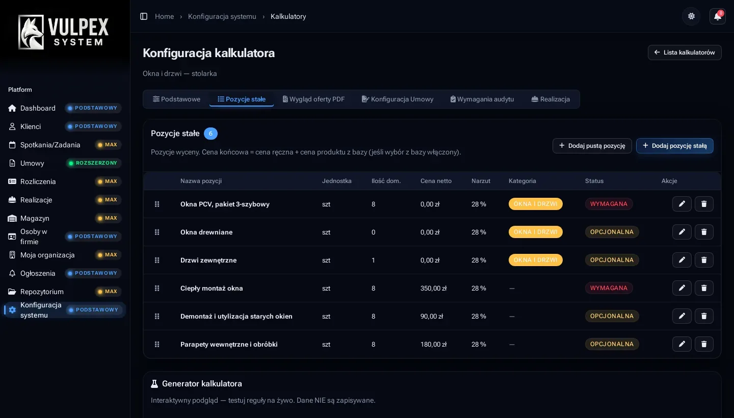 Przykładowy kalkulator okien i drzwi w demo CRM MAX — pozycje, ceny i narzut