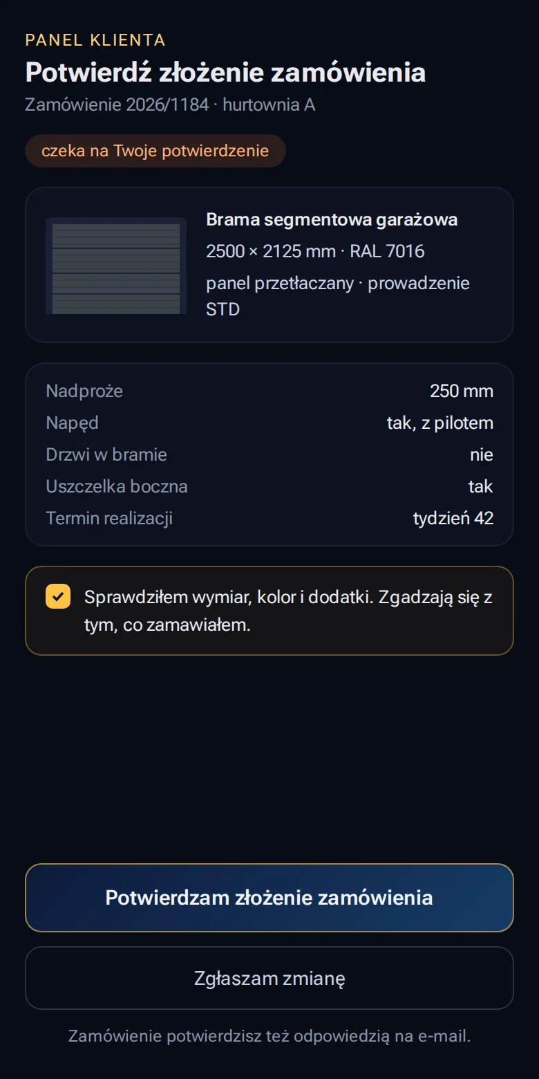Panel klienta na telefonie — potwierdzenie złożenia zamówienia na bramę przed produkcją