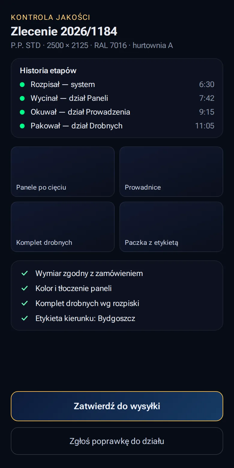 Kontrola jakości na telefonie: historia etapów, zdjęcia i zgoda na wysyłkę