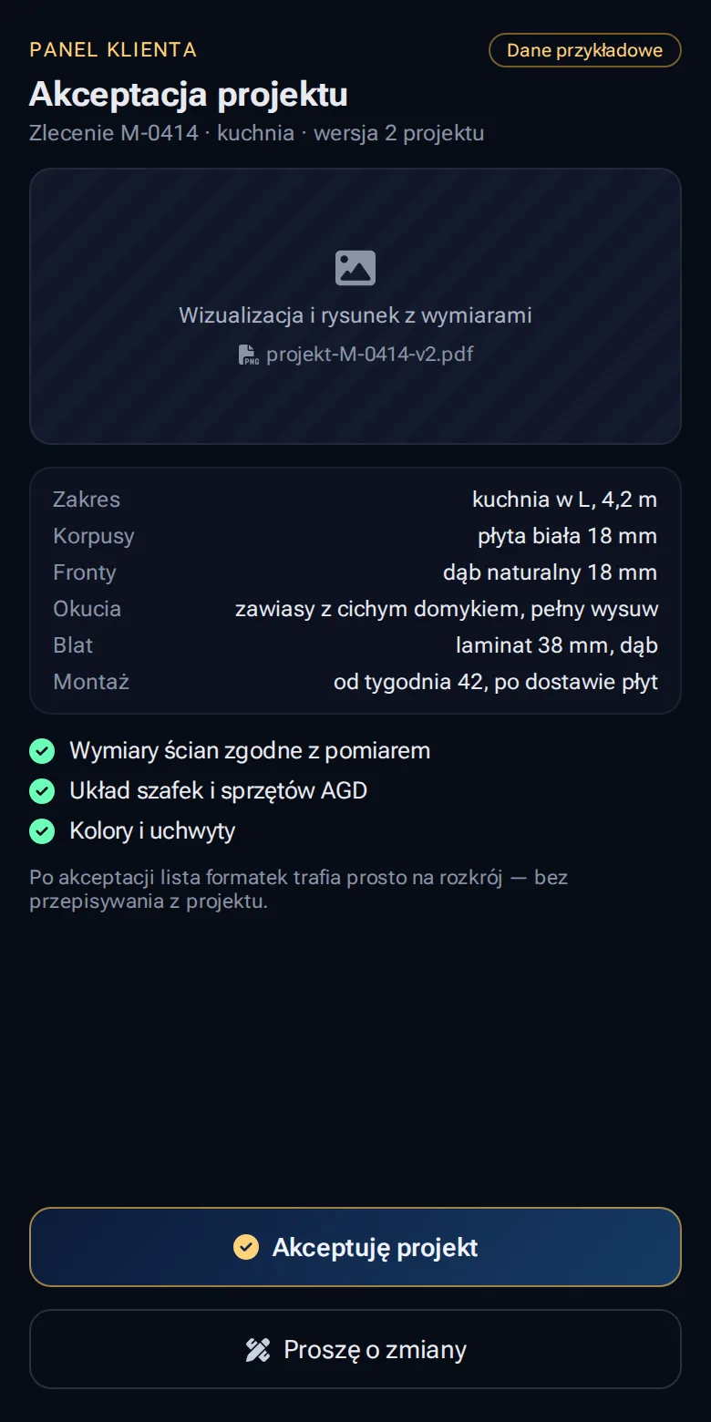 Panel klienta na telefonie — akceptacja projektu kuchni przed rozkrojem