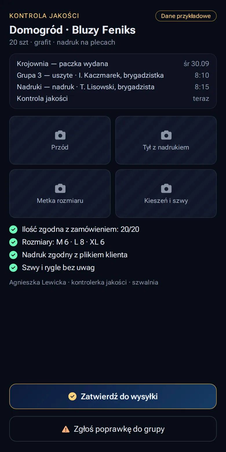 Kontrola jakości partii odzieży na telefonie ze zdjęciami i zgodą na wysyłkę