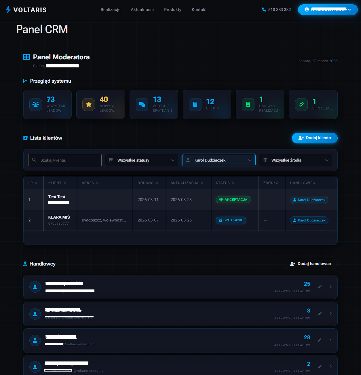 Wdrożenie CRM fotowoltaika — panel Kanban z pipeline sprzedażowym w futurystycznym dark mode