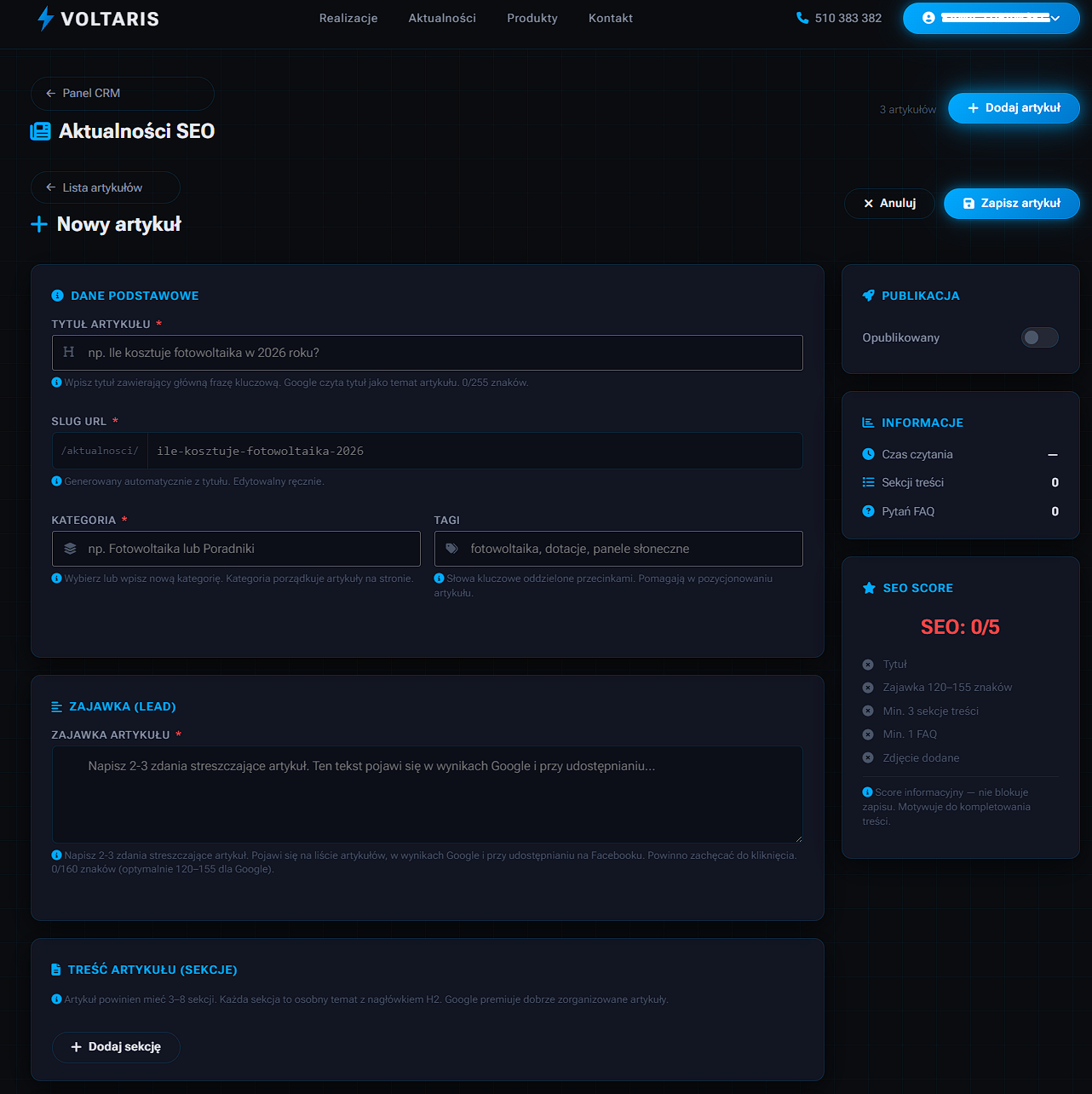 CRM SaaS fotowoltaika — panel redakcyjny z edytorem treści, polami SEO i galerią zdjęć