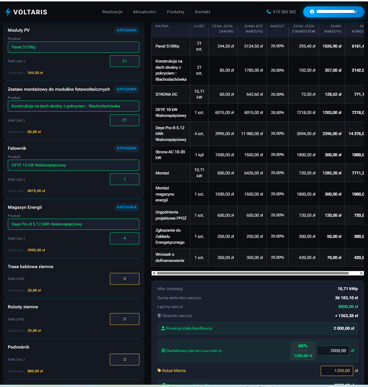 System CRM ERP fotowoltaika — multikalkulator wycen z konfigurowalnymi produktami i marżami
