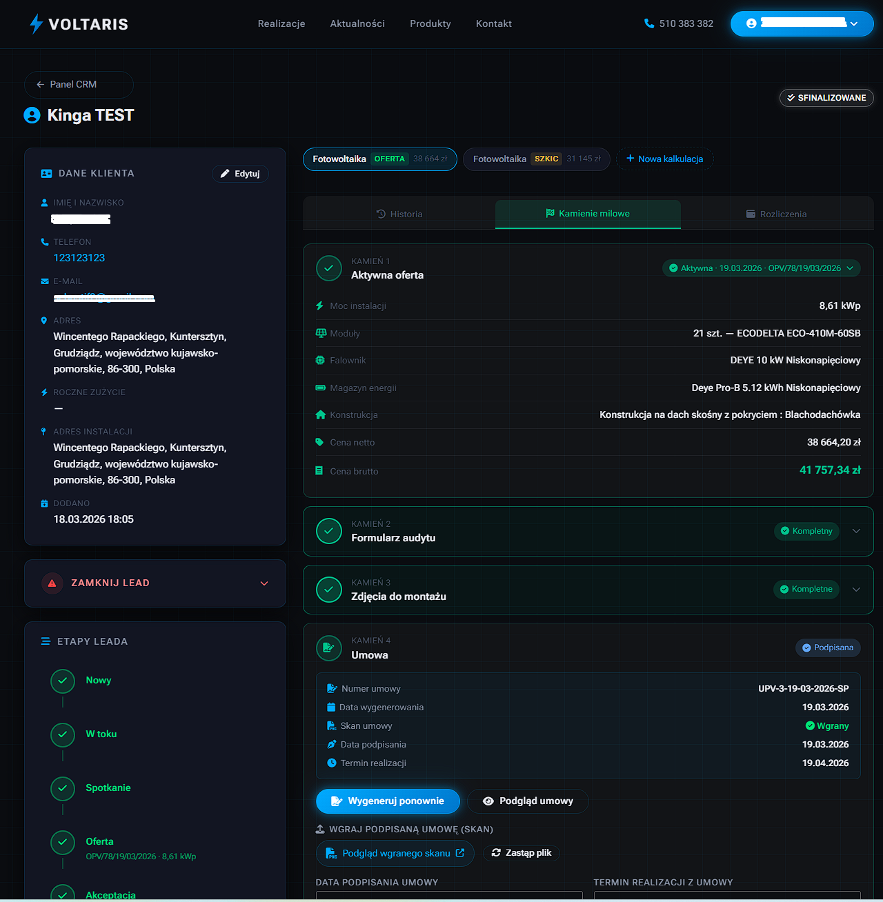 Dedykowany system CRM dla fotowoltaiki — karta klienta Voltaris z kamieniami milowymi i historią zmian