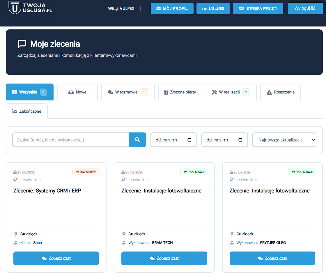 CRM i kalendarz zleceń wbudowany w portal usługowy TwojaUsługa.pl