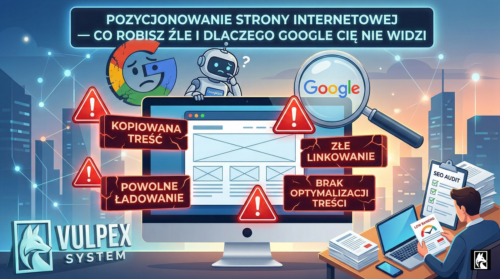Pozycjonowanie strony internetowej — analiza widoczności w Google Search Console na ekranie komputera