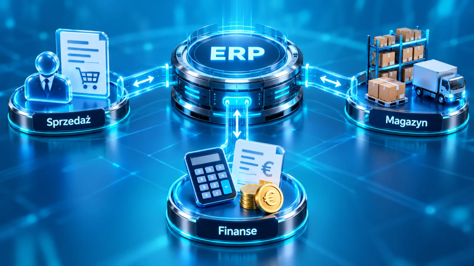 Centralny ERP łączy sprzedaż, magazyn i finanse wspólnym przepływem danych.