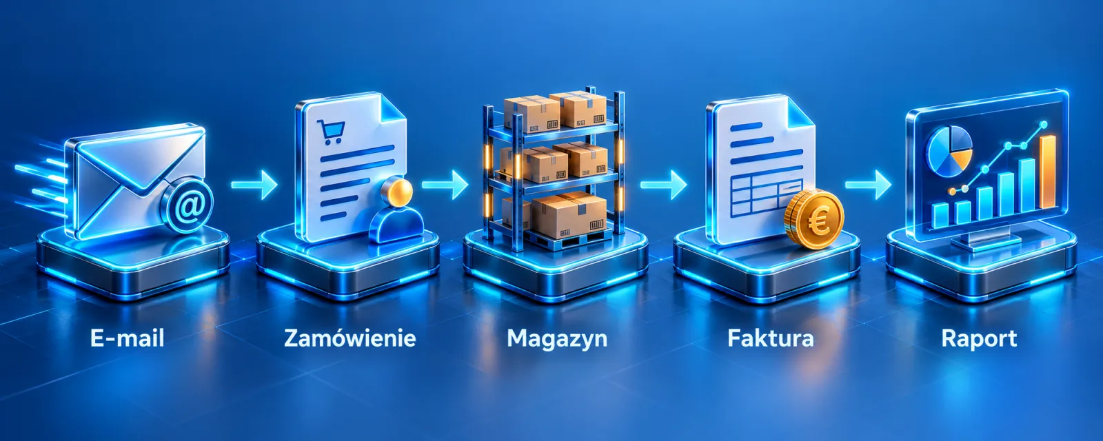 Przykładowy przepływ: e-mail, zamówienie, magazyn, faktura i raport.