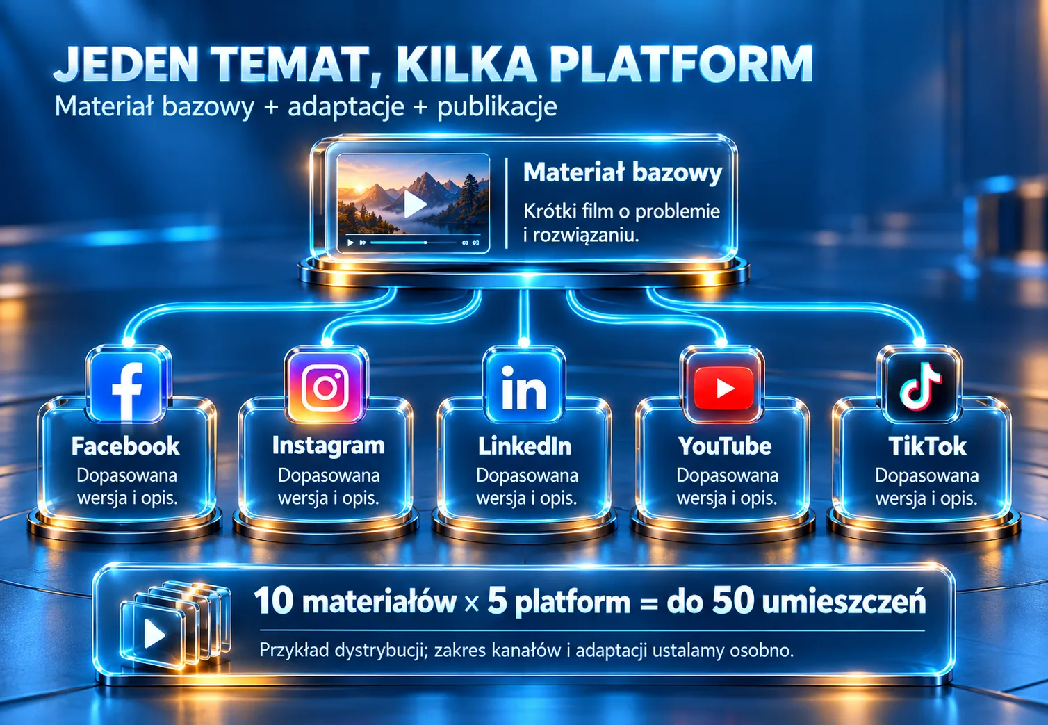 Materiał bazowy trafia po adaptacji na Facebook, Instagram, LinkedIn, YouTube i TikTok. Dziesięć materiałów na pięciu platformach daje do 50 umieszczeń.