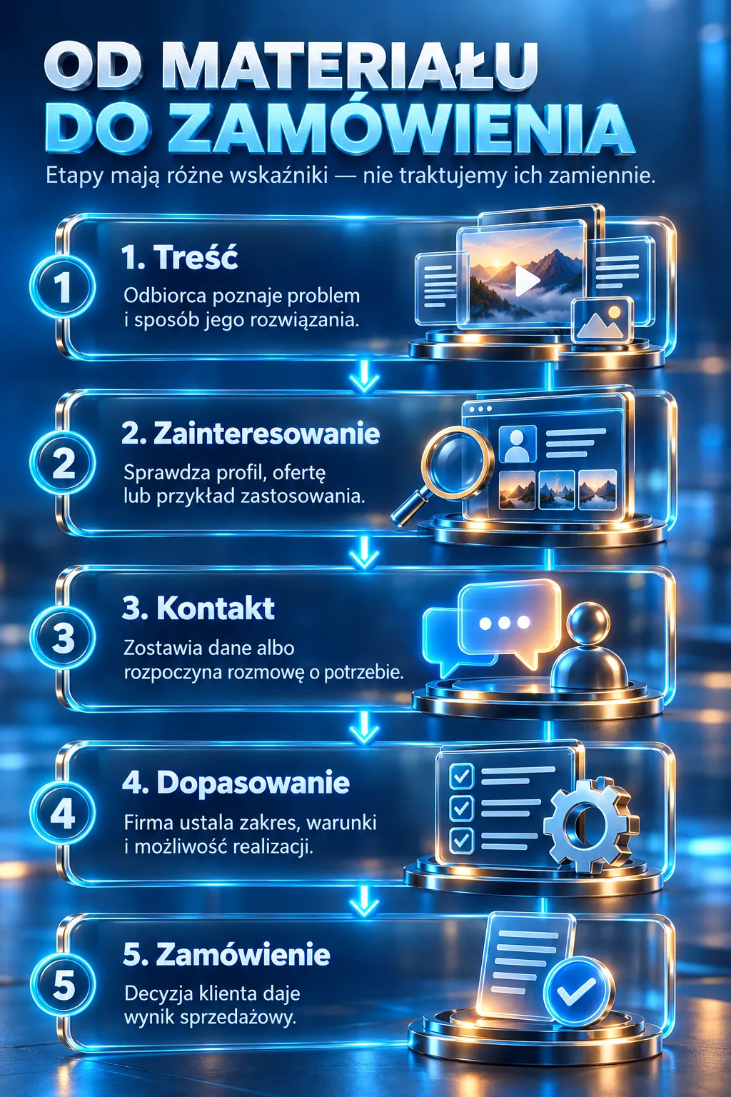 Droga od treści przez zainteresowanie, kontakt i dopasowanie do zamówienia. Każdy etap wymaga odrębnego pomiaru.